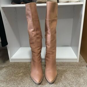 Crown Vintage Emira Beige Leather Knee High Boots Stacked Heel Western Size 8